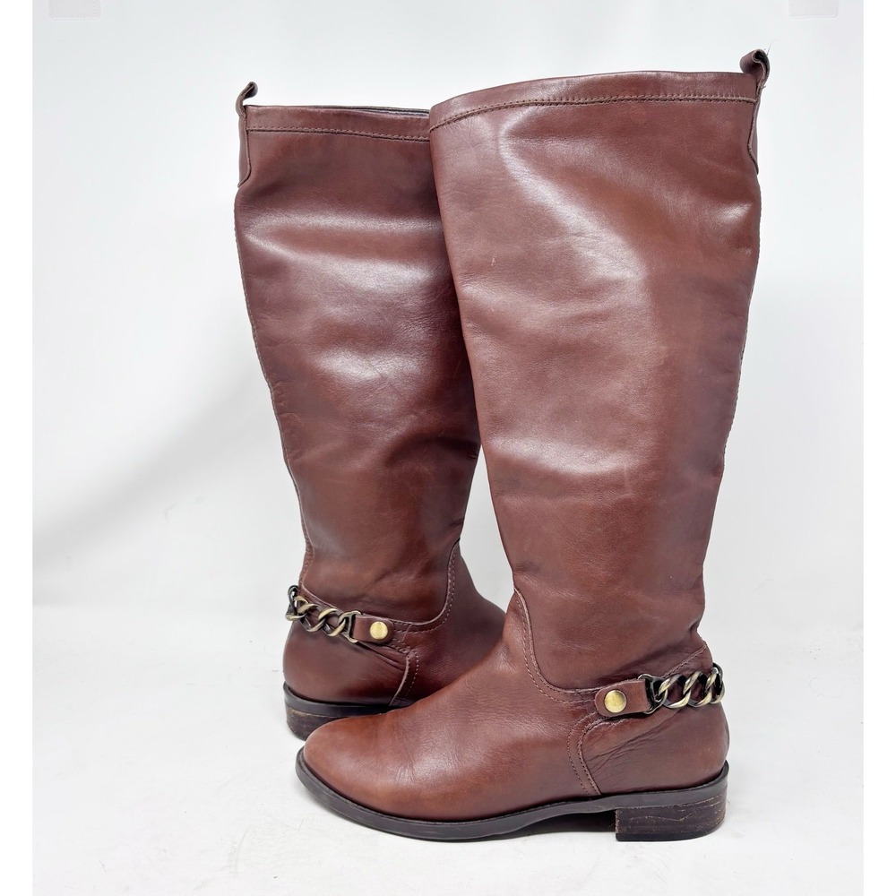 Franco Fortini Brown Leather Riding Boots Chain‎ Detail Round Toe Size 8M